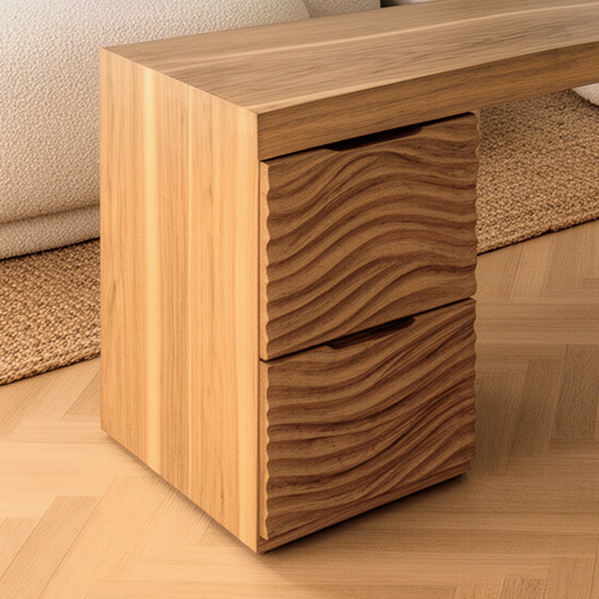 Close-up of the Marelle desk pedestal showing hand-carved wave drawer fronts and natural solid wood grain