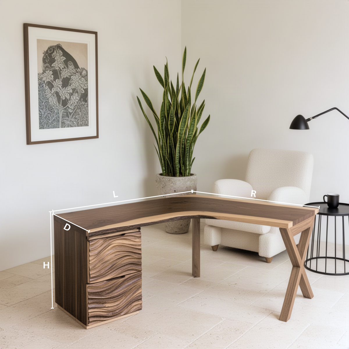Marelle sculptural wood L-shaped desk dimension guide showing left and right length, depth and height