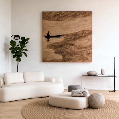 Lacuna sculptural wood wall art in natural wood, a three-panel lake scene with a lone boatman above a sofa