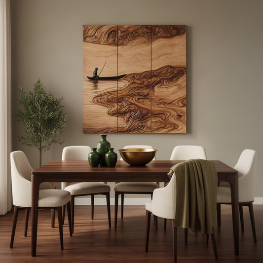Lacuna sculptural wood wall art in walnut with swirling grain water and a small boat silhouette triptych