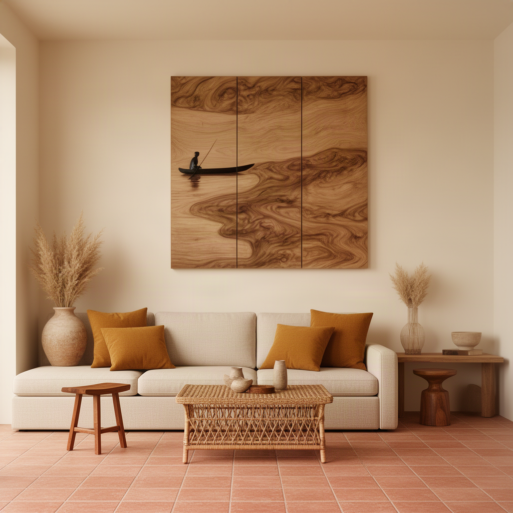 Lacuna sculptural wood wall art in brown, three wood panels forming a calm lake landscape with boatman