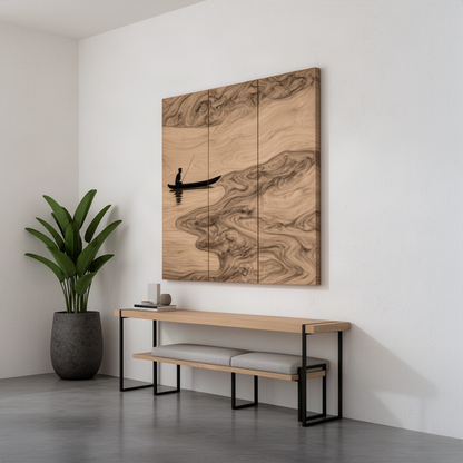 Lacuna three-panel wood lake wall art above a slim console bench in a minimalist entryway with a plant