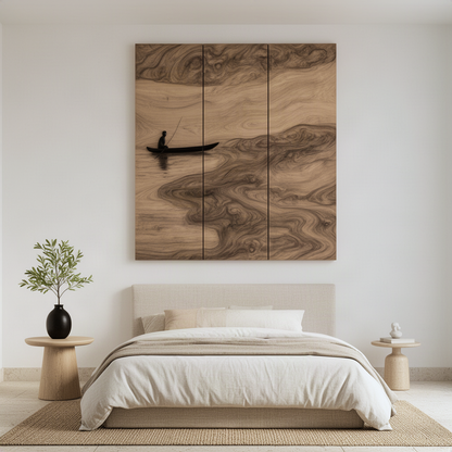 Lacuna large wood triptych wall art centered above a bed in a calm neutral bedroom with side tables