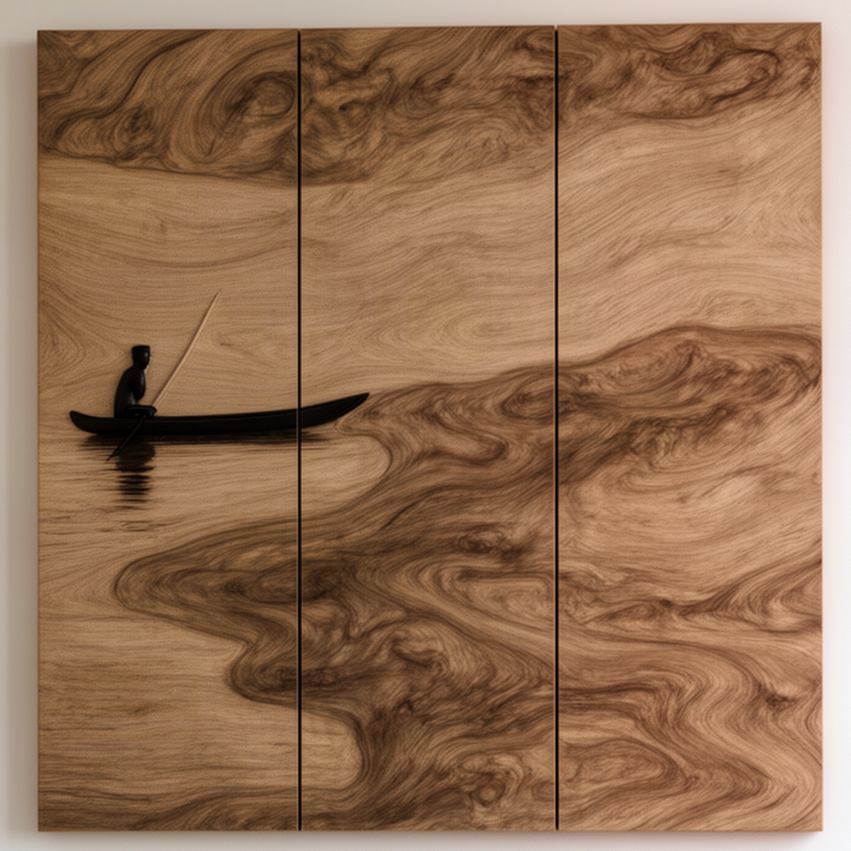 Close-up of the Lacuna wall art showing swirling natural wood grain as water and the boatman silhouette