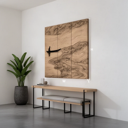 Lacuna sculptural wood wall art dimension guide showing overall height, width and depth of the three panels