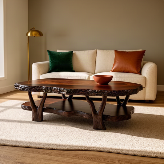 Gnarla sculptural wood coffee table in walnut, a two-tier live edge table on twisting branch-like legs