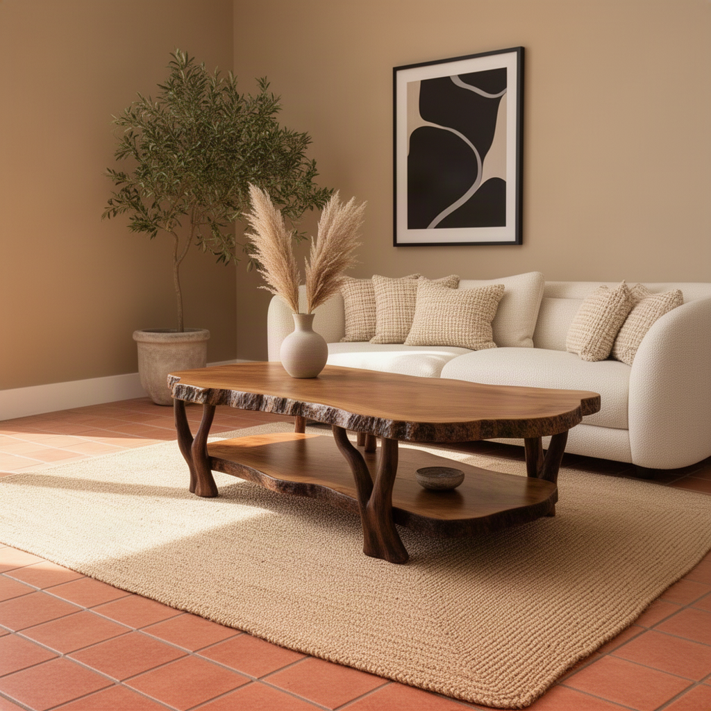 Gnarla sculptural wood coffee table in brown with rugged live edge slab top and open lower storage shelf