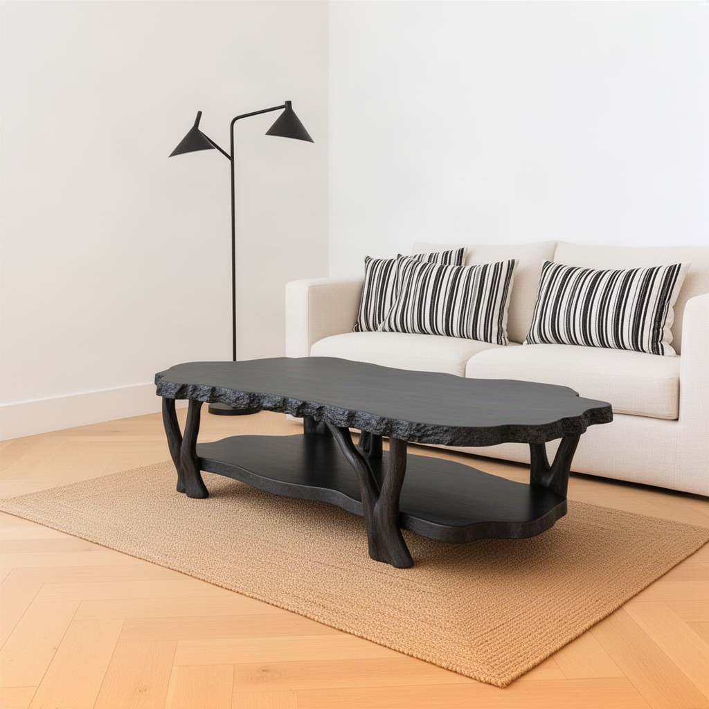 Gnarla sculptural wood coffee table in black with branch legs and two live edge tiers in a modern room