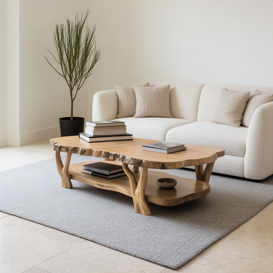 Gnarla two-tier live edge coffee table seen from an angle on a grey rug in a calm neutral living room