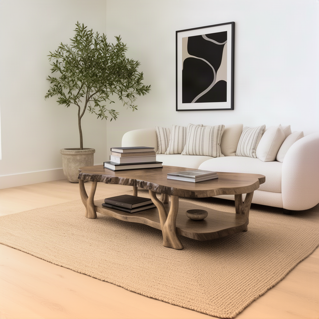 Gnarla branch leg coffee table styled with books and a bowl in front of a white sofa and olive tree