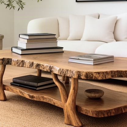 Close-up of the Gnarla coffee table showing the live edge top, gnarled branch legs and natural wood grain