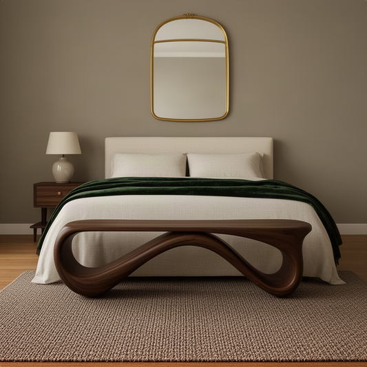 Loopara sculptural wood bench in walnut, a curved ribbon-like base with open loops and flat solid seat