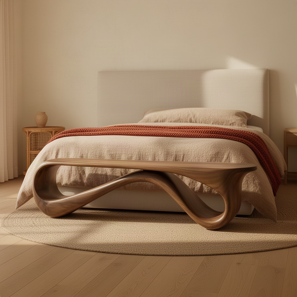 Loopara sculptural wood bench in brown with sweeping curved base and rounded edges, a modern accent bench
