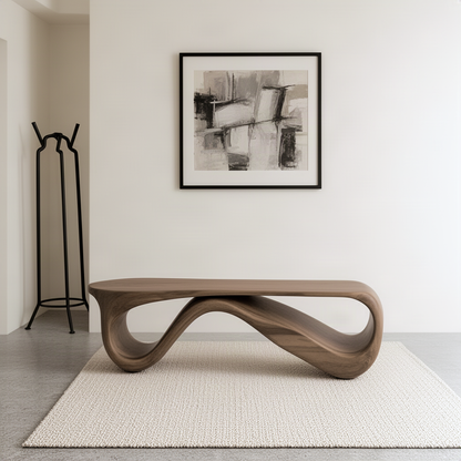 Loopara curved wood bench in a minimalist entryway with abstract art and a sculptural coat stand