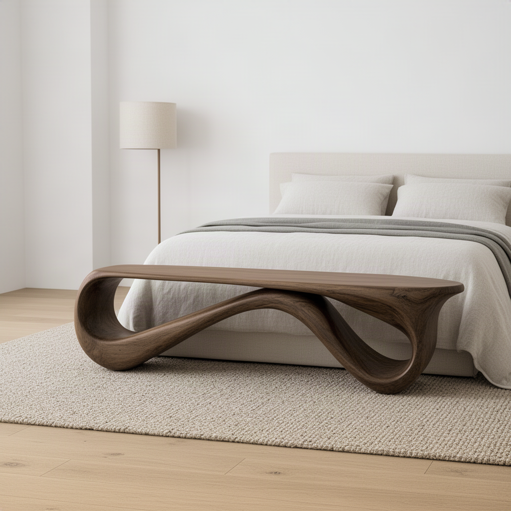 Loopara sculptural end-of-bed bench in front of a white bed with a floor lamp in a calm bedroom