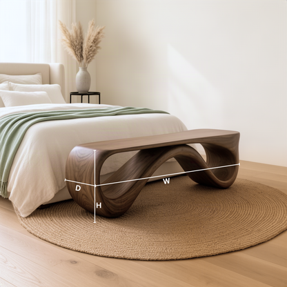 Loopara sculptural wood bench dimension guide showing width, depth and seat height of the loop bench