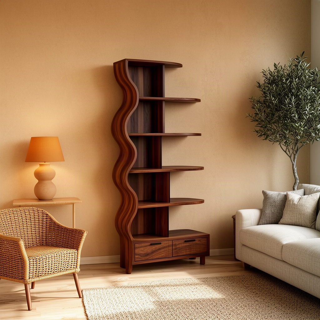 Curlena sculptural wood bookshelf in brown with rippling side, staggered open shelves and drawer storage