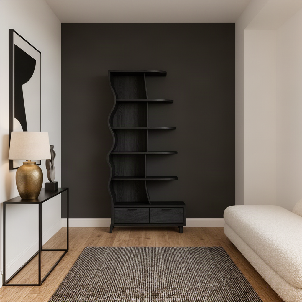 Curlena sculptural wood bookshelf in black against a dark wall in a modern living room with a sofa