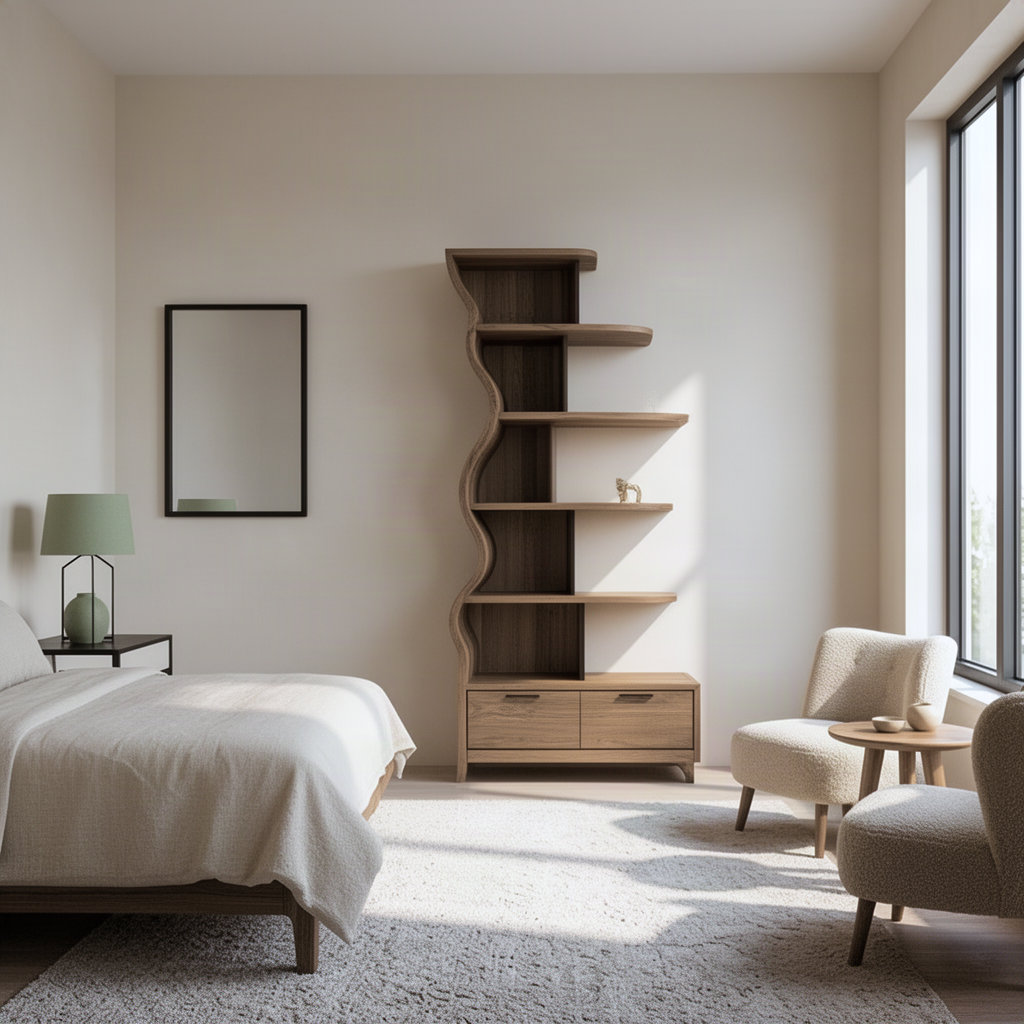 Curlena wavy wood bookshelf with drawer base in a bright bedroom beside armchairs and tall windows