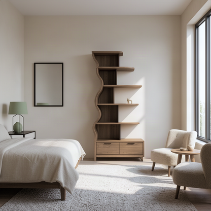 Curlena wavy wood bookshelf with drawer base in a bright bedroom beside armchairs and tall windows