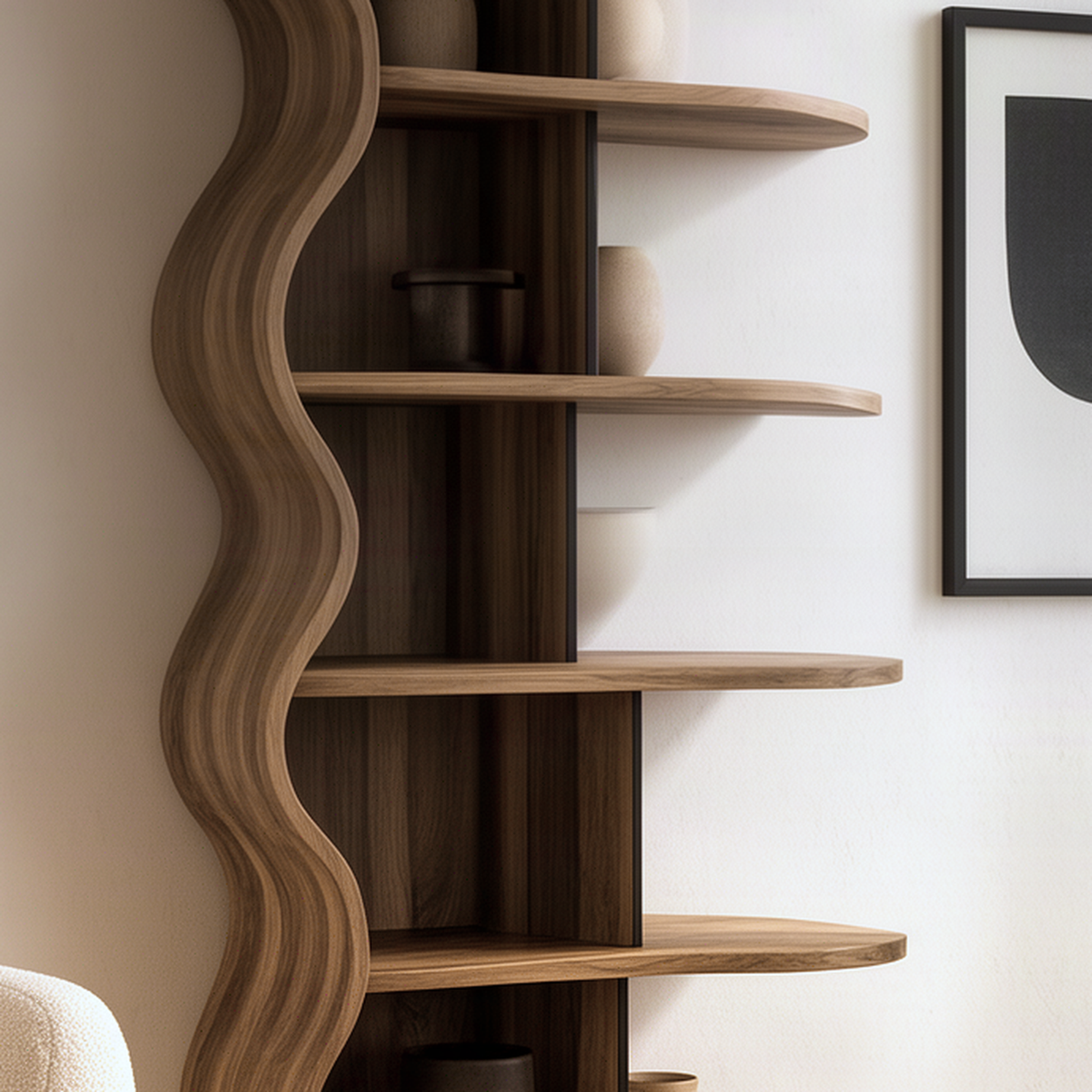 Close-up of the Curlena bookshelf showing the wavy solid wood side panel, rounded shelves and wood grain
