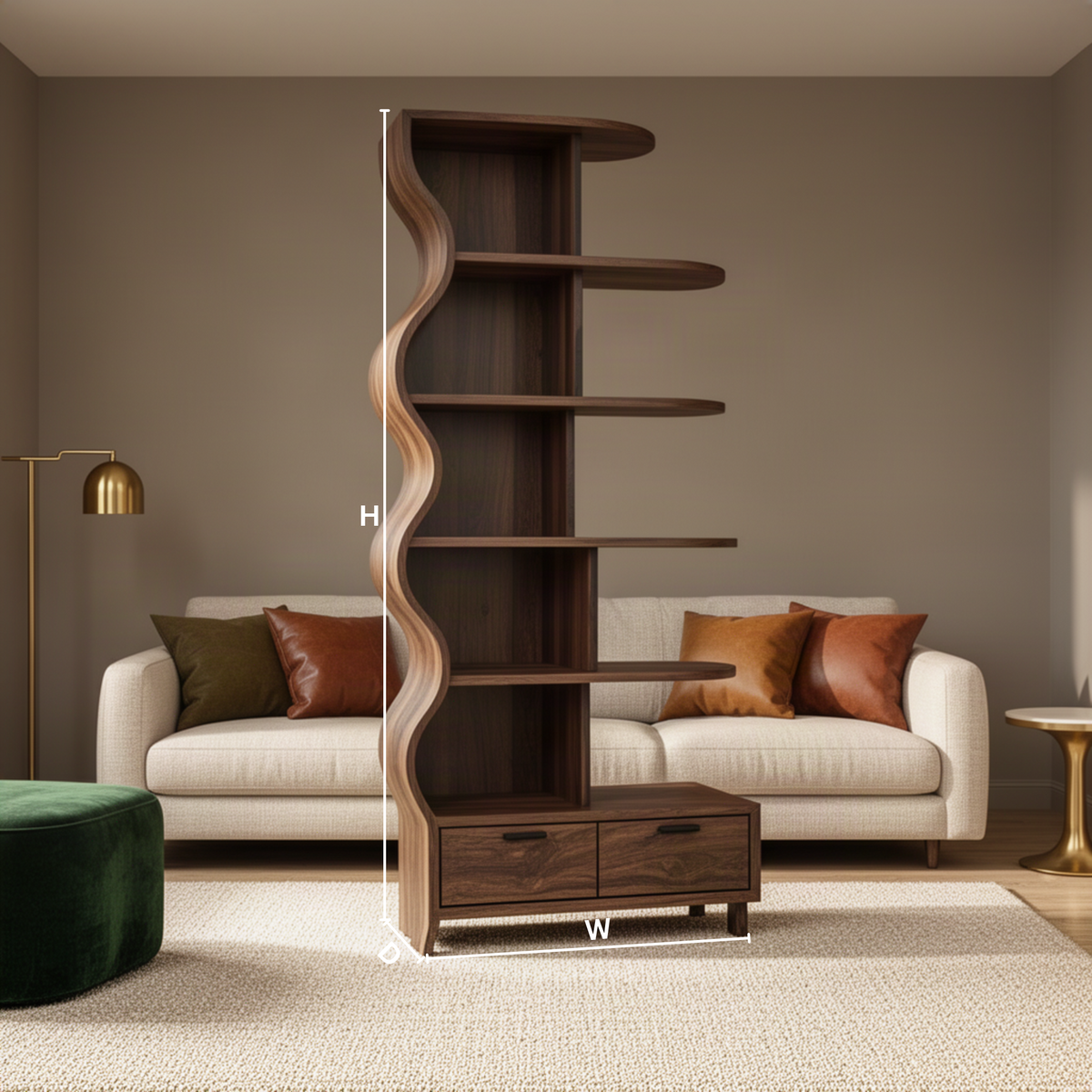 Curlena sculptural wood bookshelf dimension guide showing height, width and depth of the wavy shelf
