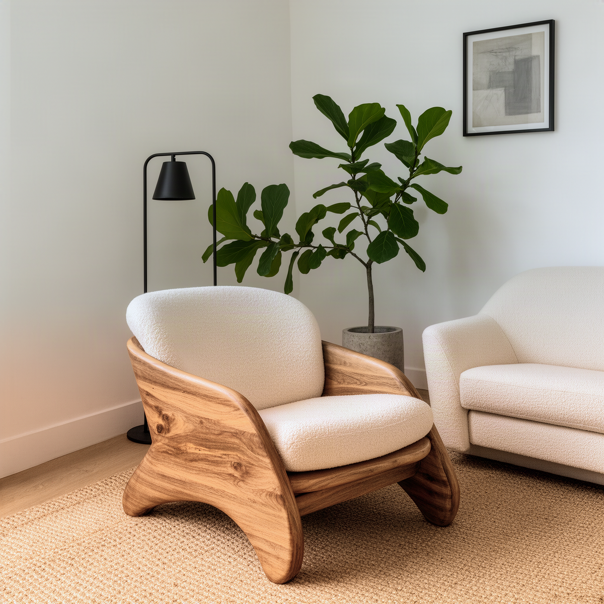 Embrella sculptural wood lounge chair in natural wood with curved solid frame and plush cream cushions