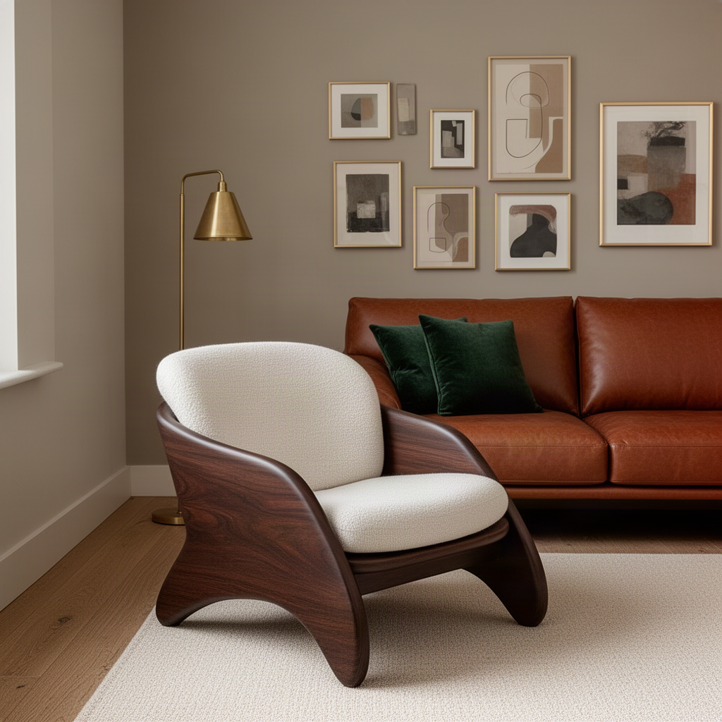 Embrella sculptural wood lounge chair in walnut, a low armchair with thick curved side panels and cushions