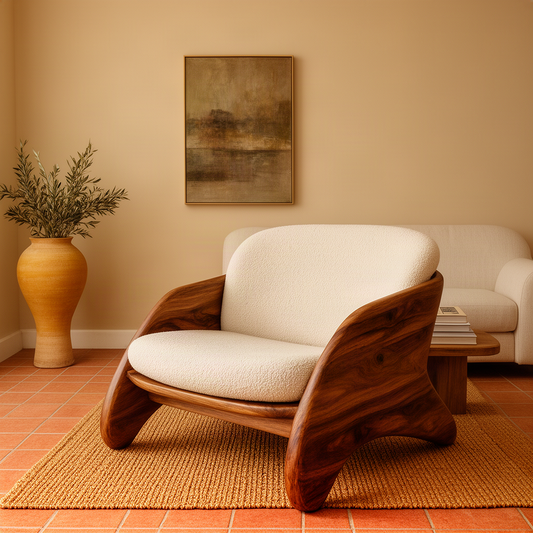 Embrella sculptural wood lounge chair in brown with flowing wood frame and flared feet in a living room