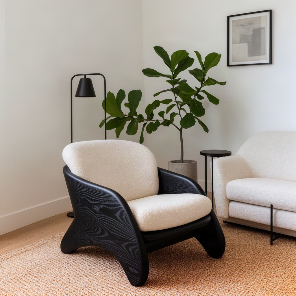 Embrella sculptural wood lounge chair in black with cream cushions in a modern reading corner