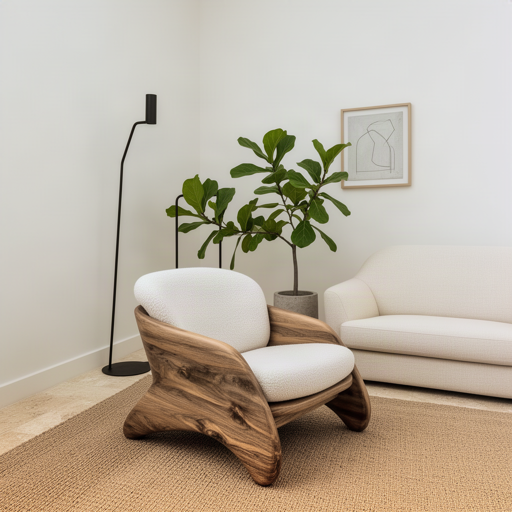 Embrella curved wood lounge chair seen from an angle beside a fiddle leaf fig and floor lamp