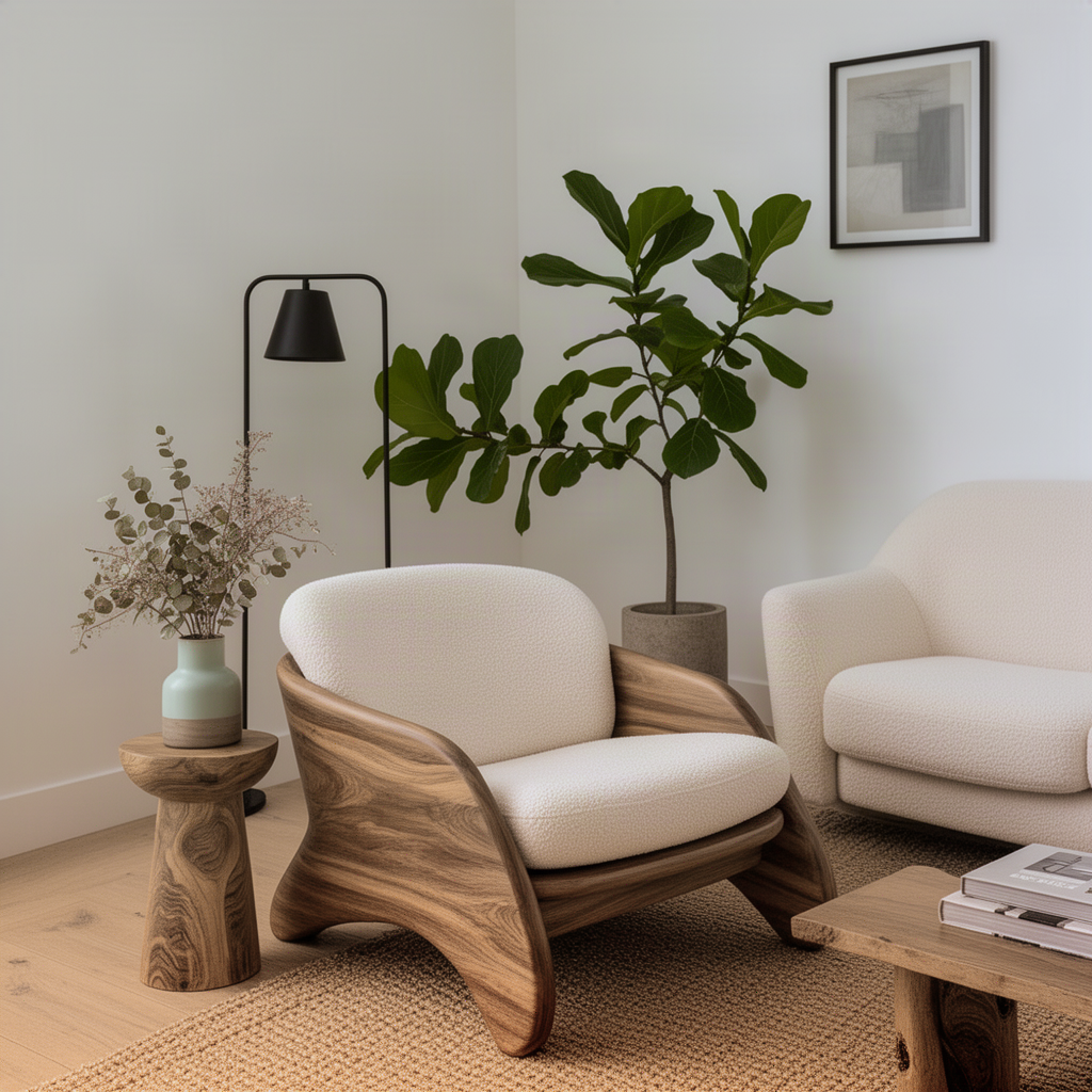 Embrella sculptural armchair styled with a wood side table and vase in a calm organic living room