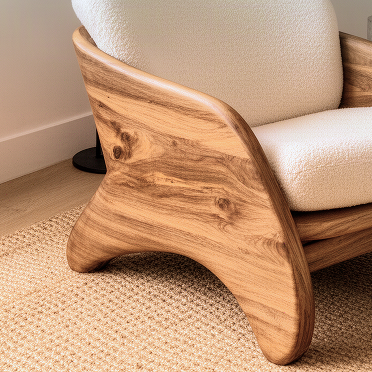 Close-up of the Embrella chair showing the curved solid wood side panel, wood grain and cushion edge