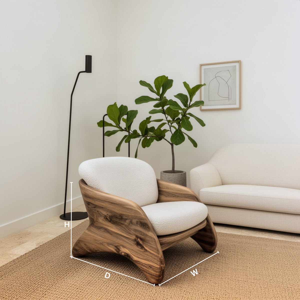 Embrella sculptural wood lounge chair dimension guide showing height, width and depth of the armchair