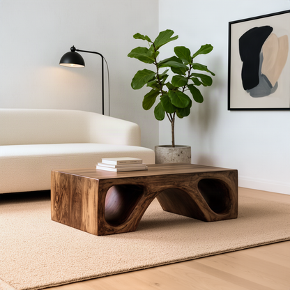 Cavora sculptural wood coffee table in natural wood, a solid block with carved arch tunnels in a living room