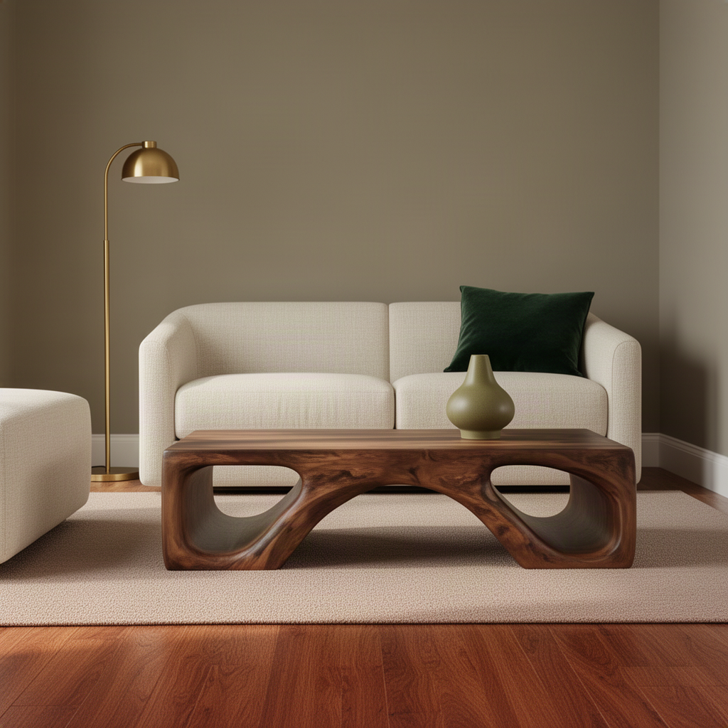 Cavora sculptural wood coffee table in walnut with rounded arch openings carved through a solid wood base