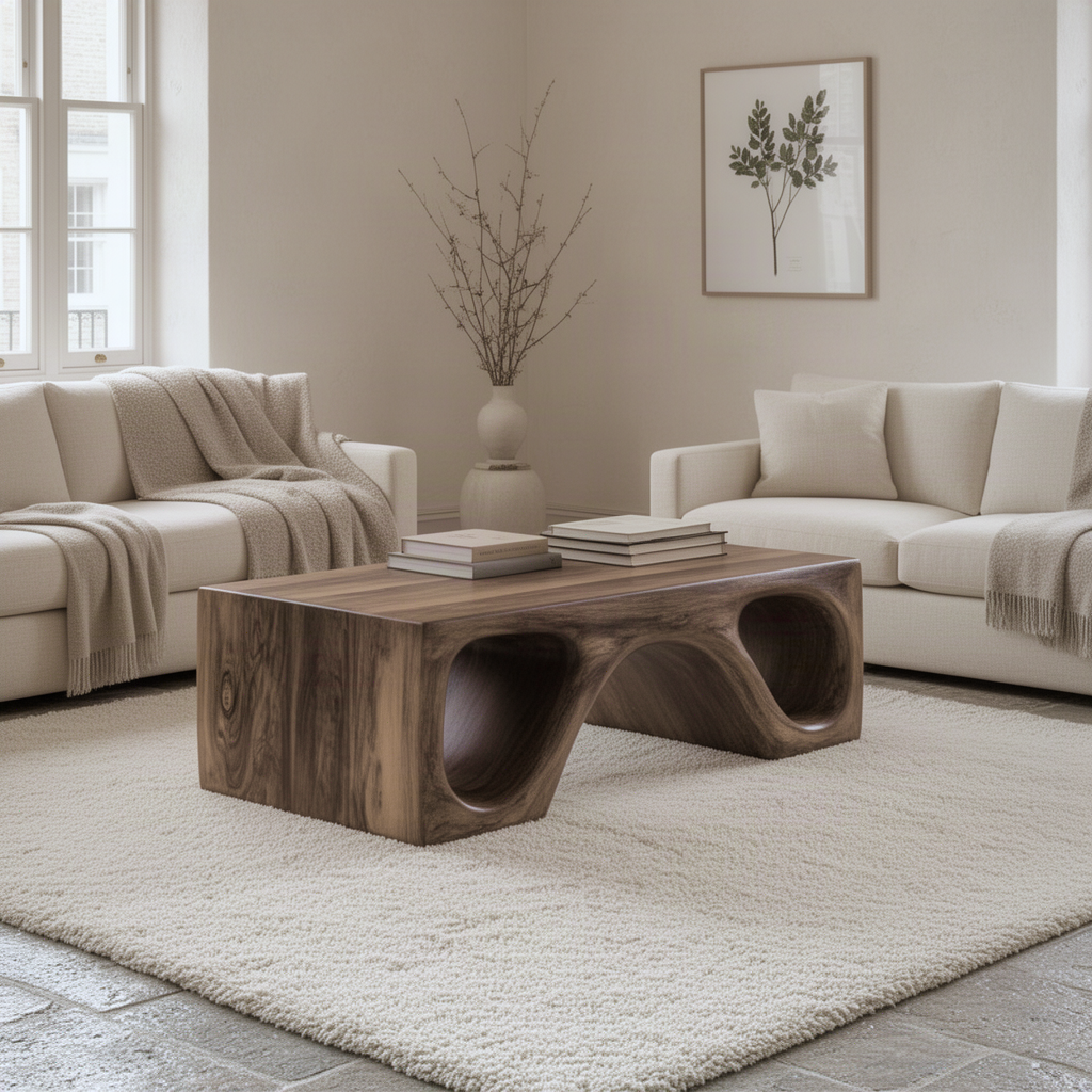 Cavora arch tunnel coffee table seen from an angle between two cream sofas in a bright living room