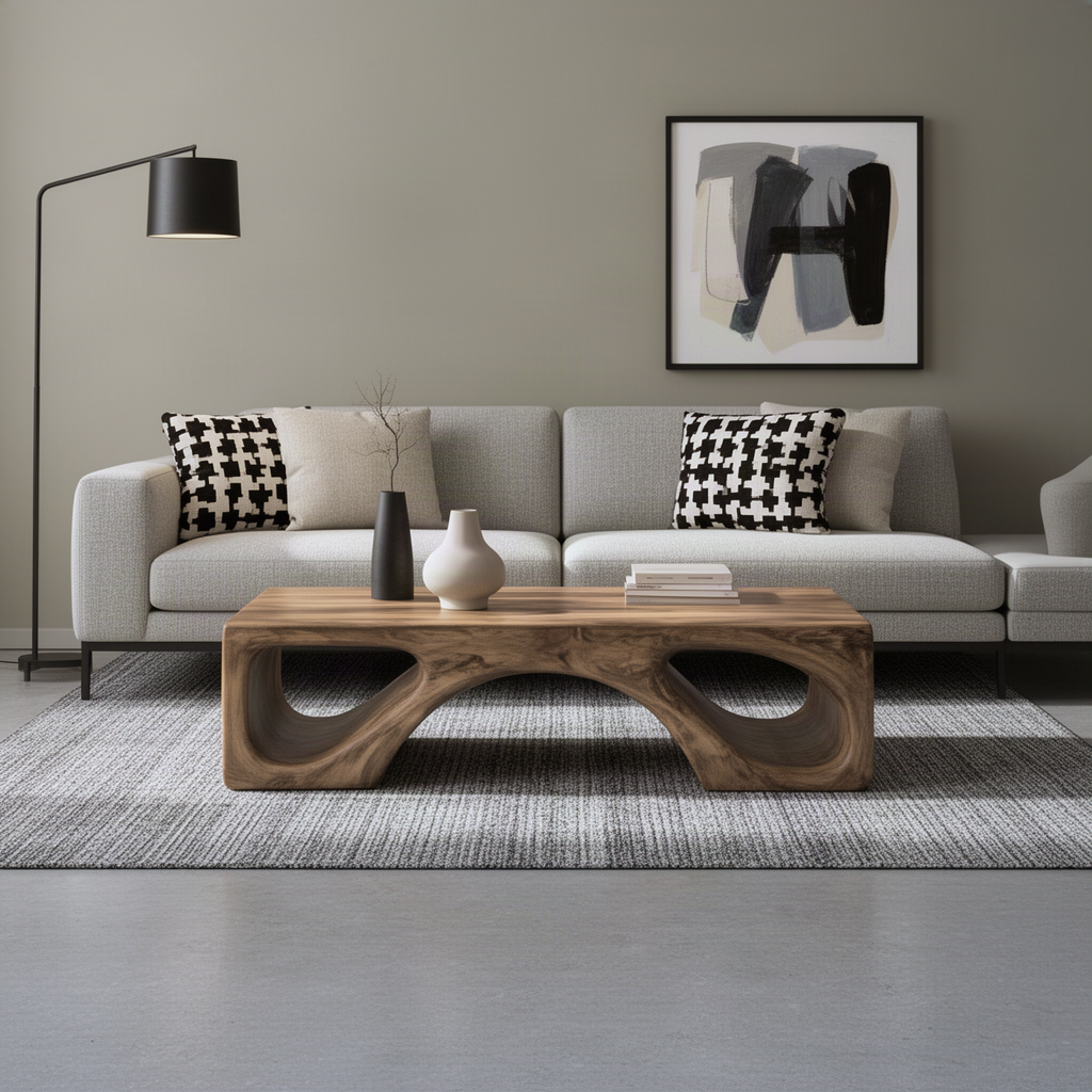 Cavora solid wood coffee table styled with vases and books in front of a grey sofa in a modern room