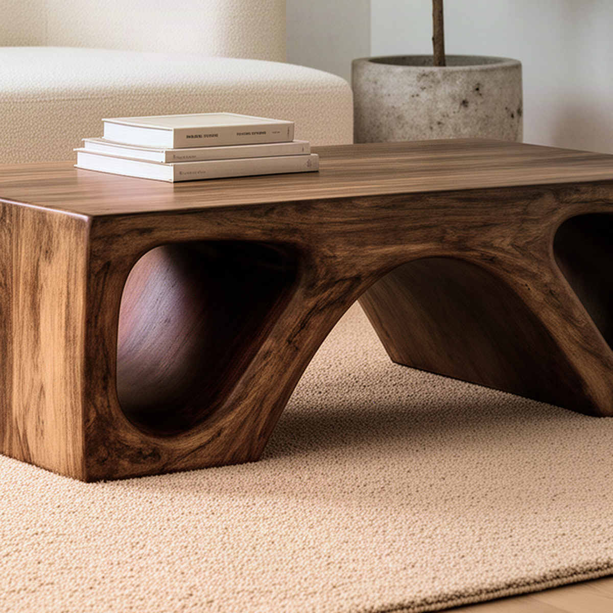 Close-up of the Cavora coffee table showing smooth carved arch tunnels and rich natural solid wood grain