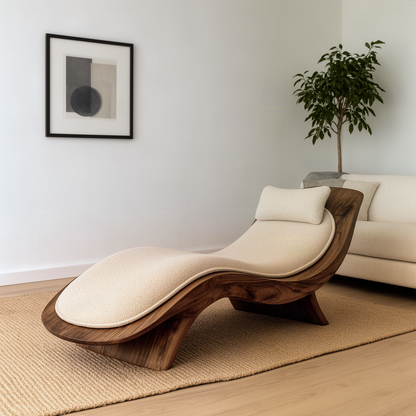 Reclina sculptural wood chaise lounge in natural wood with wave-curved frame and cream cushion on a jute rug