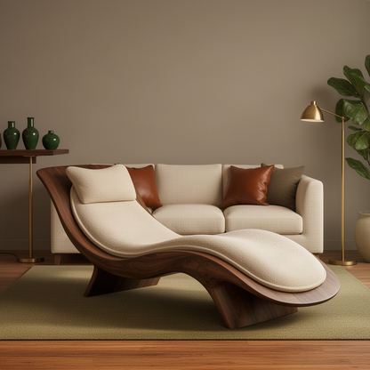 Reclina sculptural wood chaise lounge in walnut, a flowing reclined lounger with headrest pillow