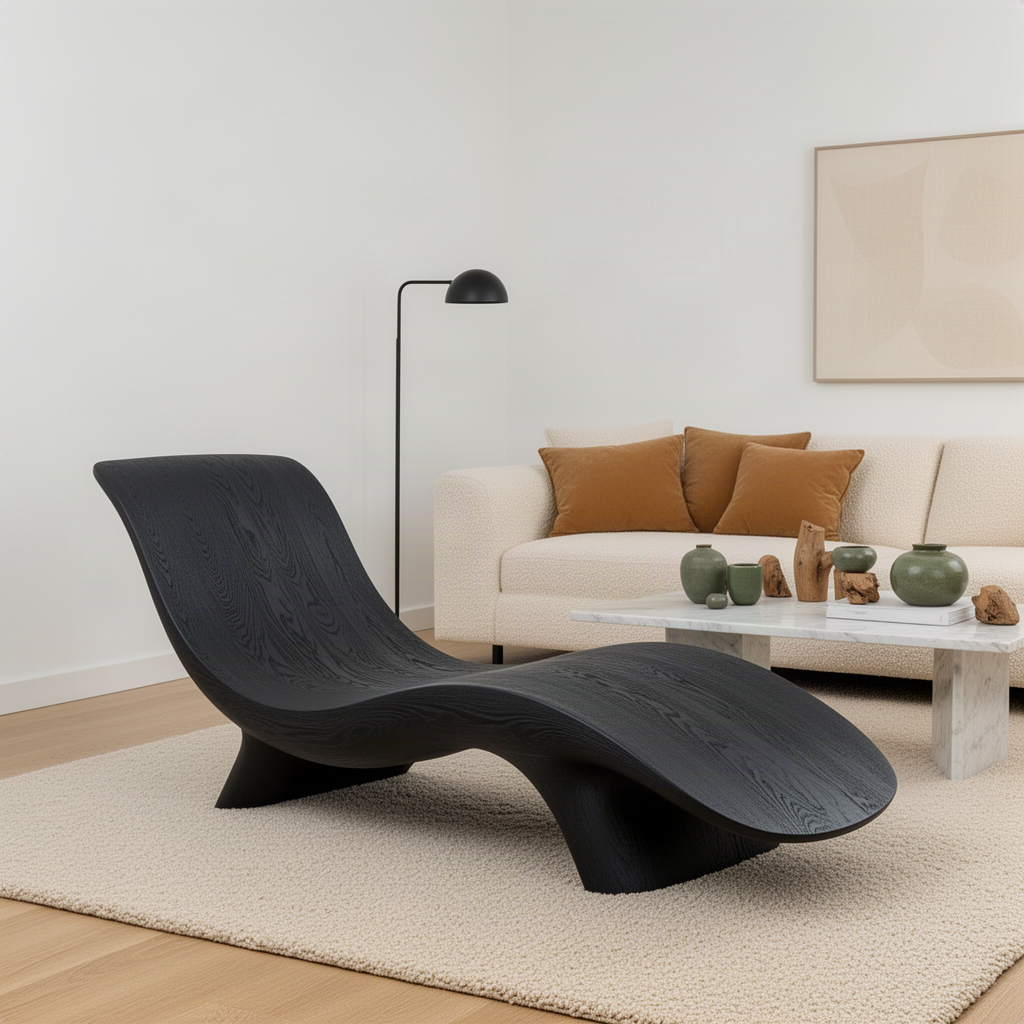 Reclina sculptural wood chaise lounge in black, a dramatic wave lounger in a modern living room