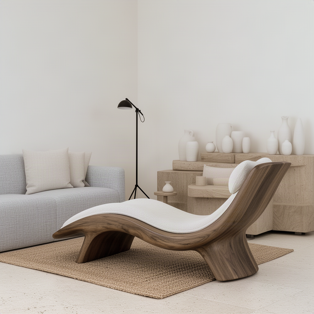 Reclina wave chaise lounge seen from an angle in a minimalist room with ceramics and a floor lamp