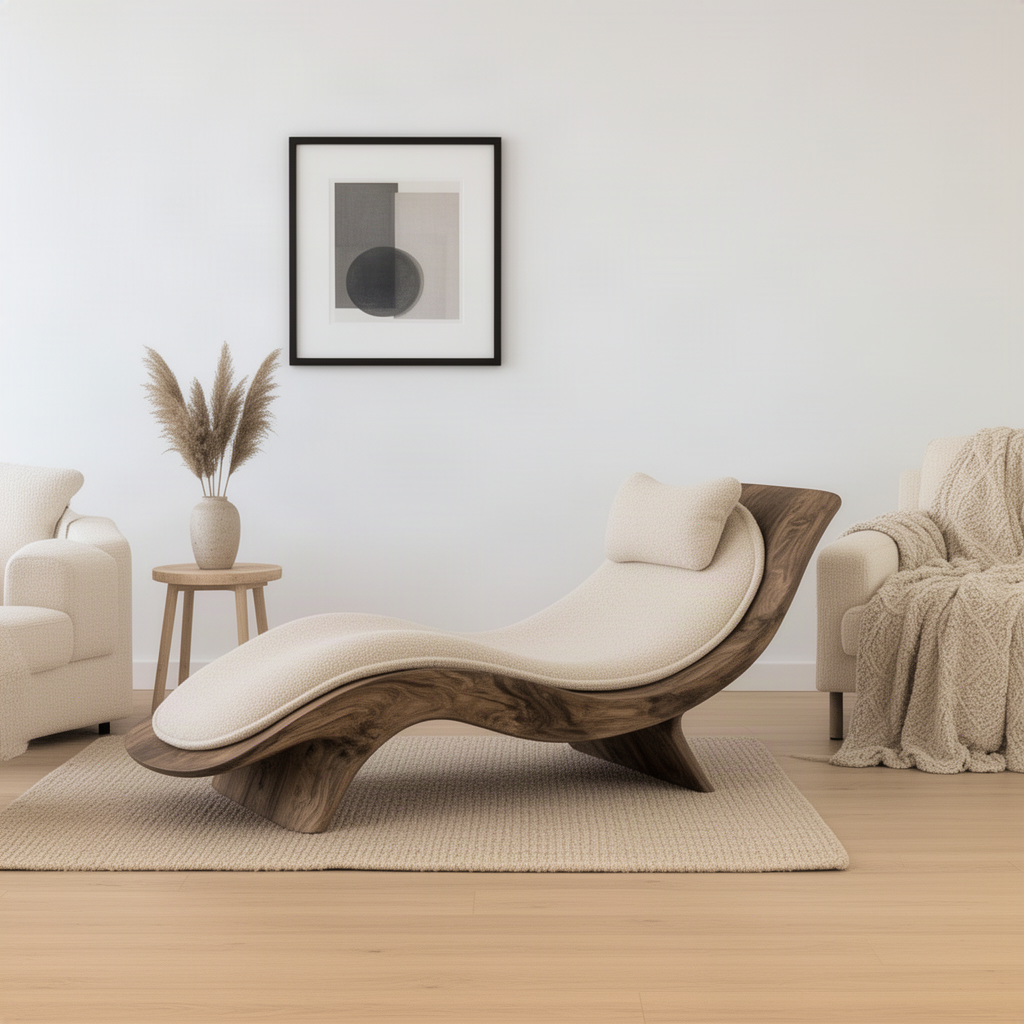 Reclina curved wood chaise lounge styled between armchairs in a calm neutral living room