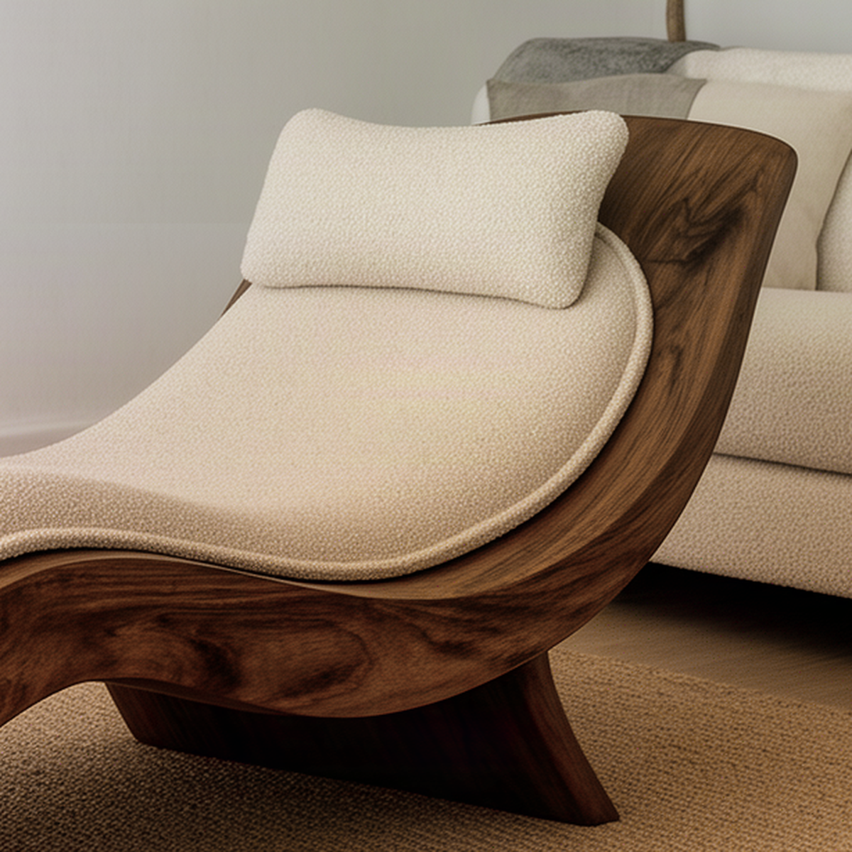 Close-up of the Reclina chaise showing the curved solid wood frame, wood grain and upholstered headrest