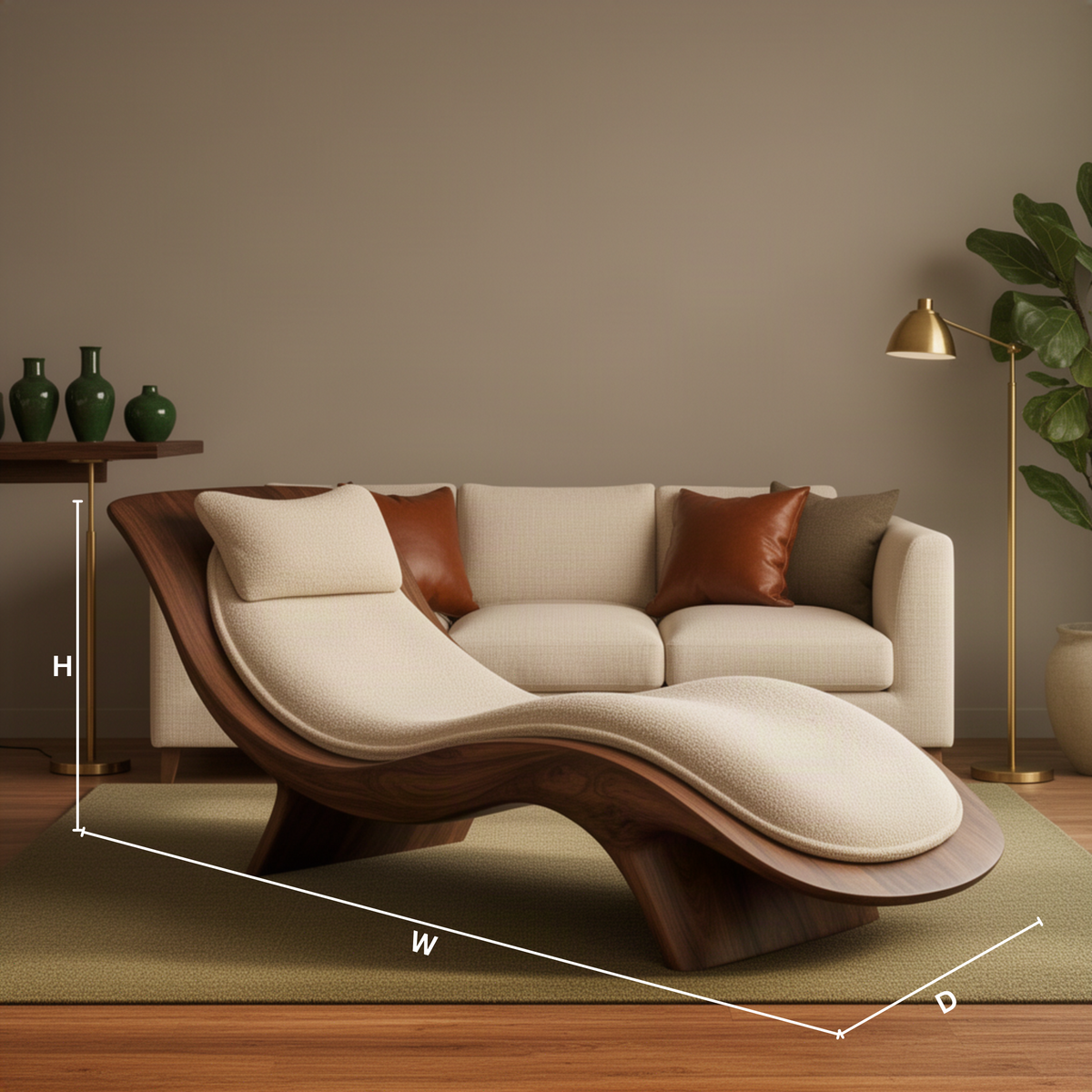 Reclina sculptural wood chaise lounge dimension guide showing length, width and height of the lounger