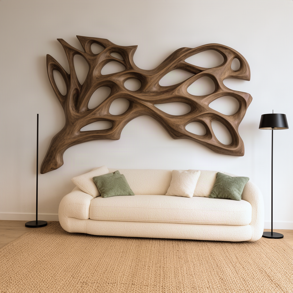 Nervora sculptural wood wall art in natural wood, an organic openwork branch panel above a cream sofa