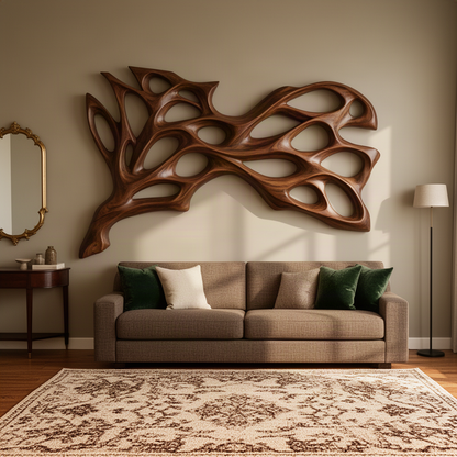 Nervora sculptural wood wall art in walnut with twisting branch-like strands and soft oval openings
