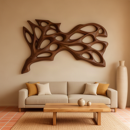 Nervora sculptural wood wall art in brown, a wide 3D openwork relief for large living room walls