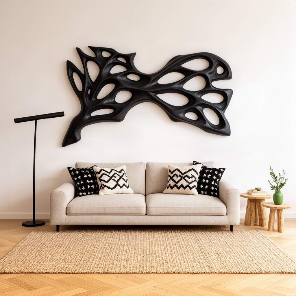 Nervora sculptural wood wall art in black, a dramatic openwork branch sculpture above a modern sofa
